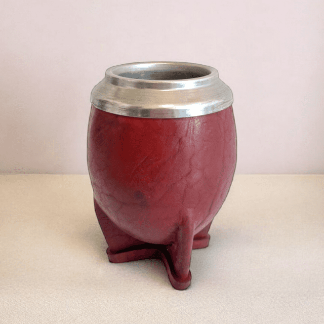 Stainless steel mate gourd covered in burgundy leather