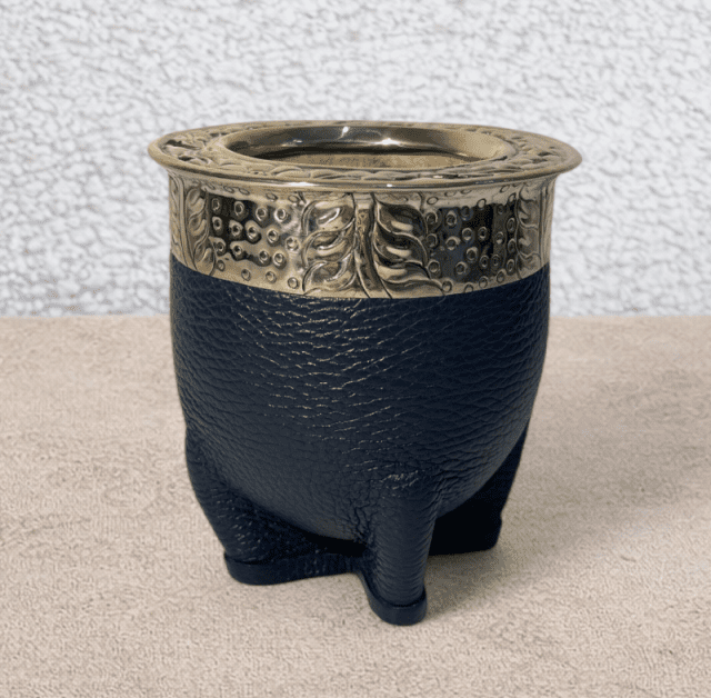 Mate imperial artesanal doble cuero azul con virola en alpaca